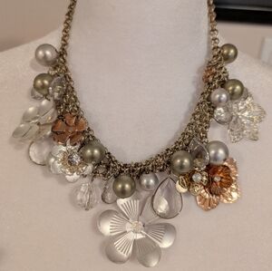 Elegant Floral Mix Metal And Glass Statement Necklace.